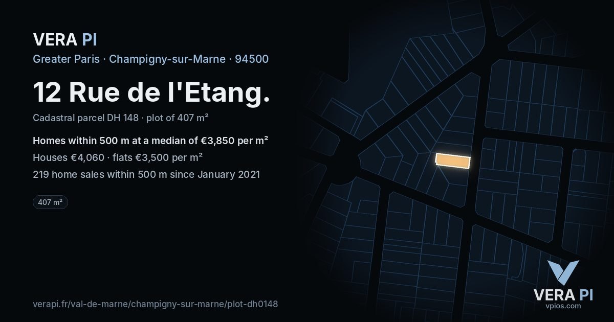 12 Rue de l'Etang, Champigny-sur-Marne at night – the plot lit, the parcels around coloured by the prices near them