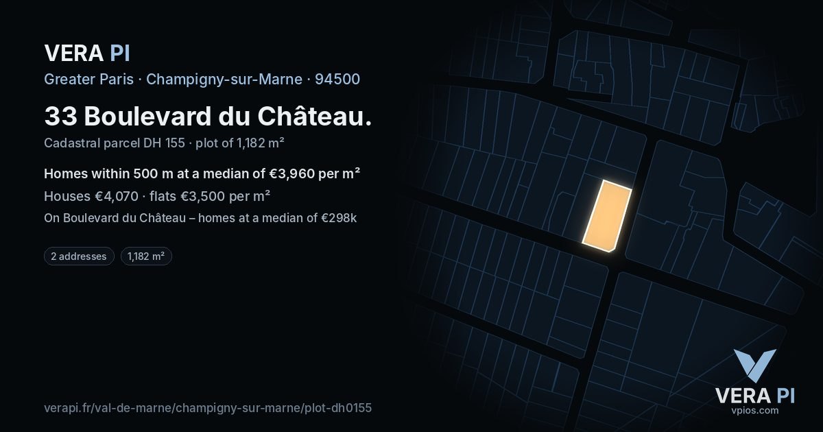 33 Boulevard du Château, Champigny-sur-Marne at night – the plot lit, the parcels around coloured by the prices near them