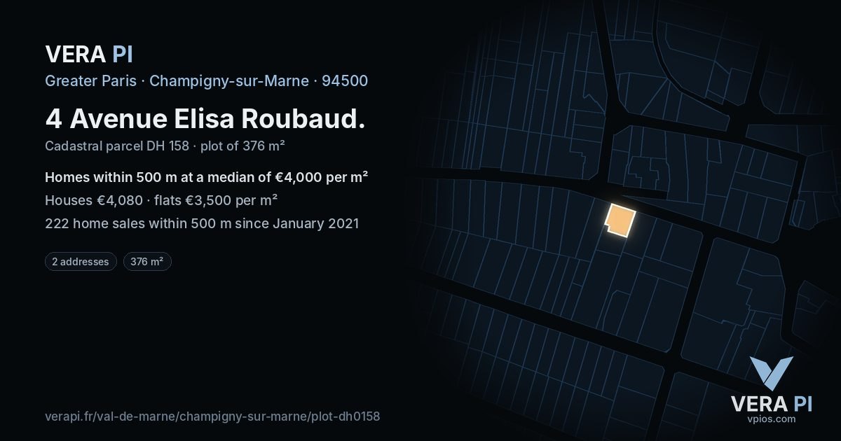 4 Avenue Elisa Roubaud, Champigny-sur-Marne at night – the plot lit, the parcels around coloured by the prices near them