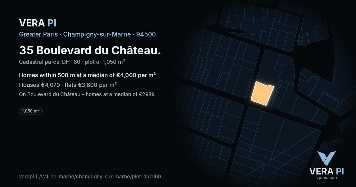 35 Boulevard du Château, Champigny-sur-Marne at night – the plot lit, the parcels around coloured by the prices near them