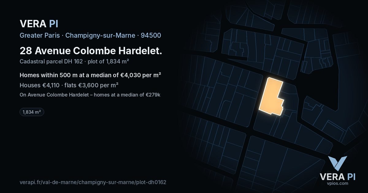 28 Avenue Colombe Hardelet, Champigny-sur-Marne at night – the plot lit, the parcels around coloured by the prices near them
