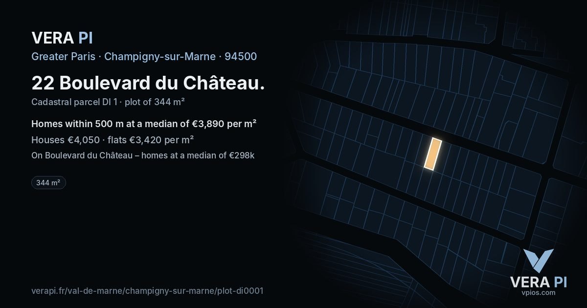22 Boulevard du Château, Champigny-sur-Marne at night – the plot lit, the parcels around coloured by the prices near them