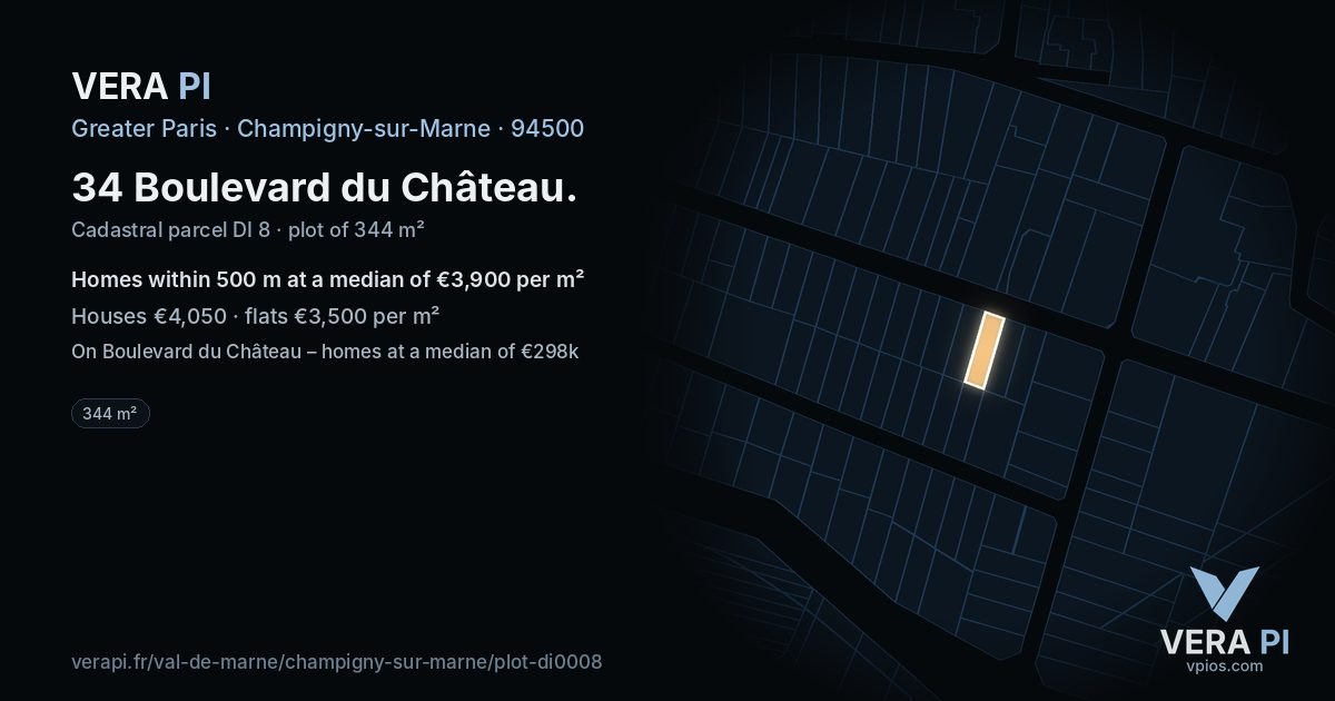 34 Boulevard du Château, Champigny-sur-Marne at night – the plot lit, the parcels around coloured by the prices near them