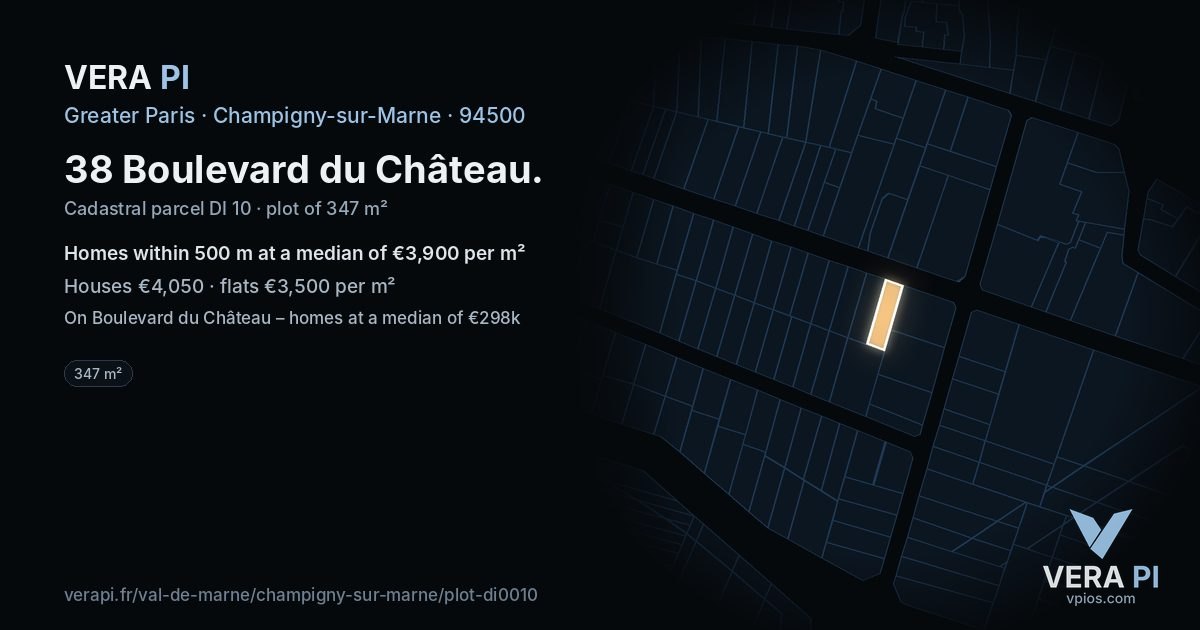 38 Boulevard du Château, Champigny-sur-Marne at night – the plot lit, the parcels around coloured by the prices near them