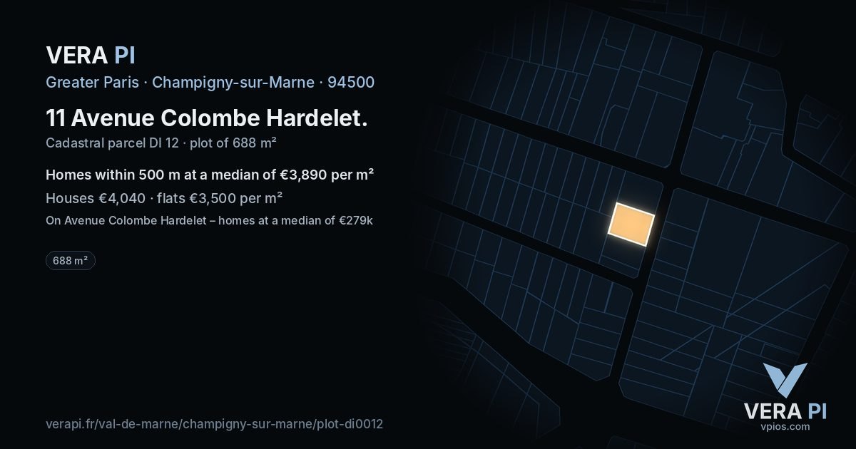 11 Avenue Colombe Hardelet, Champigny-sur-Marne at night – the plot lit, the parcels around coloured by the prices near them
