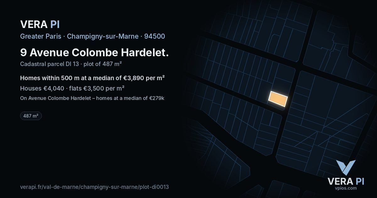 9 Avenue Colombe Hardelet, Champigny-sur-Marne at night – the plot lit, the parcels around coloured by the prices near them