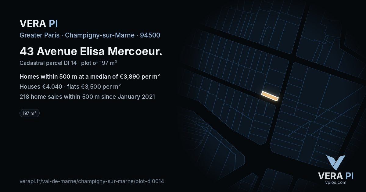 43 Avenue Elisa Mercoeur, Champigny-sur-Marne at night – the plot lit, the parcels around coloured by the prices near them