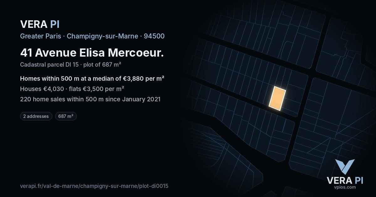 41 Avenue Elisa Mercoeur, Champigny-sur-Marne at night – the plot lit, the parcels around coloured by the prices near them