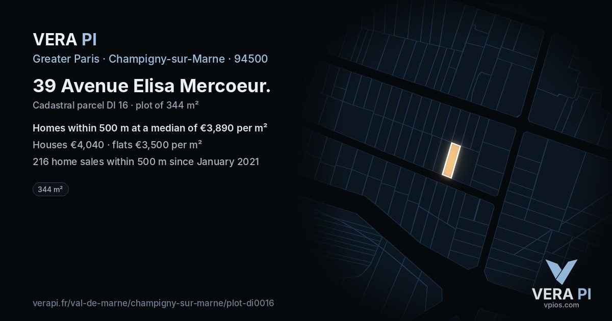 39 Avenue Elisa Mercoeur, Champigny-sur-Marne at night – the plot lit, the parcels around coloured by the prices near them