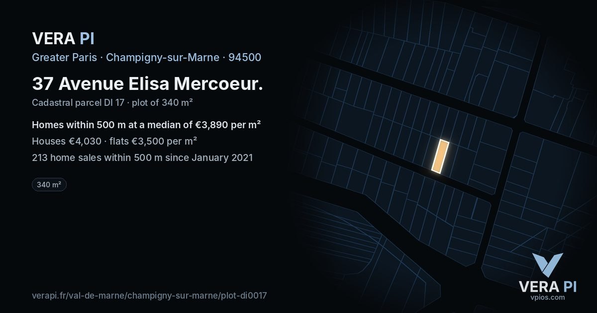 37 Avenue Elisa Mercoeur, Champigny-sur-Marne at night – the plot lit, the parcels around coloured by the prices near them
