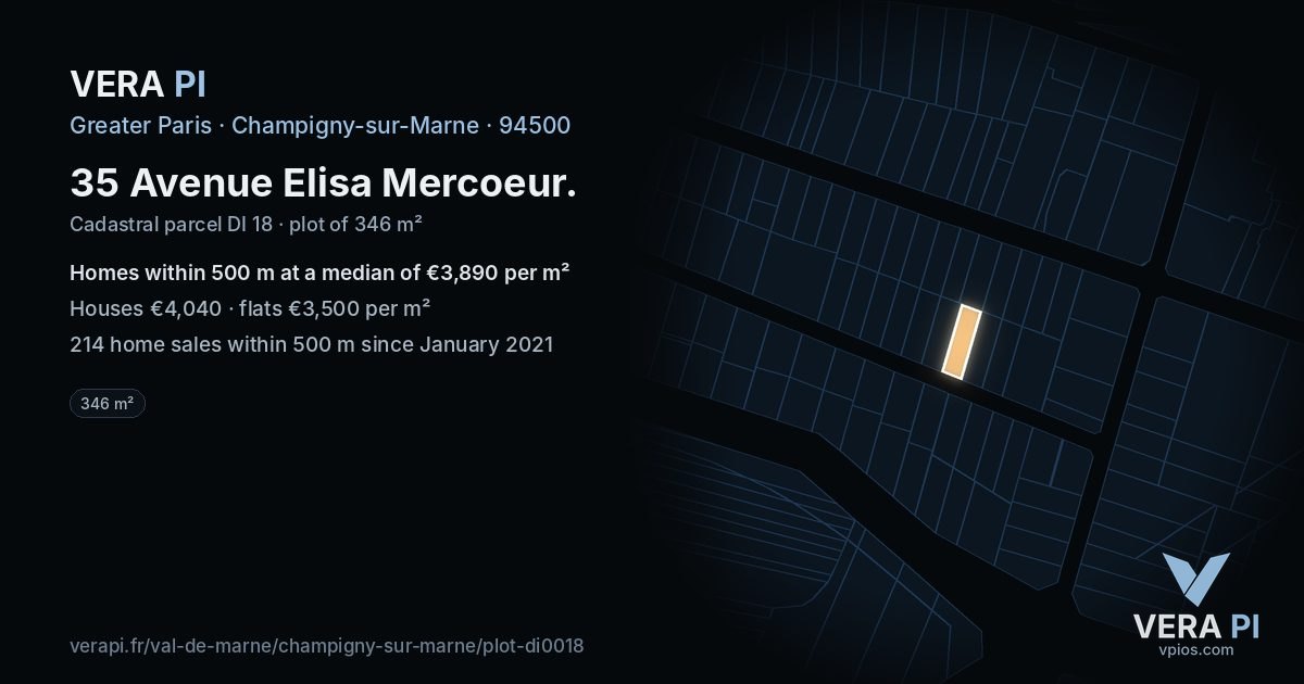 35 Avenue Elisa Mercoeur, Champigny-sur-Marne at night – the plot lit, the parcels around coloured by the prices near them
