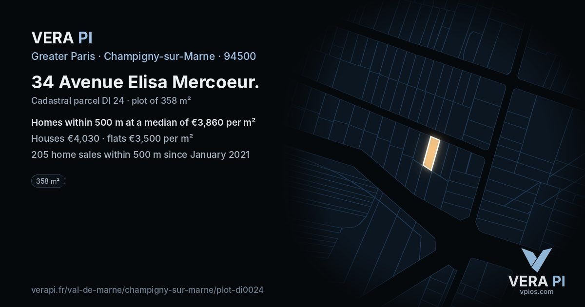 34 Avenue Elisa Mercoeur, Champigny-sur-Marne at night – the plot lit, the parcels around coloured by the prices near them