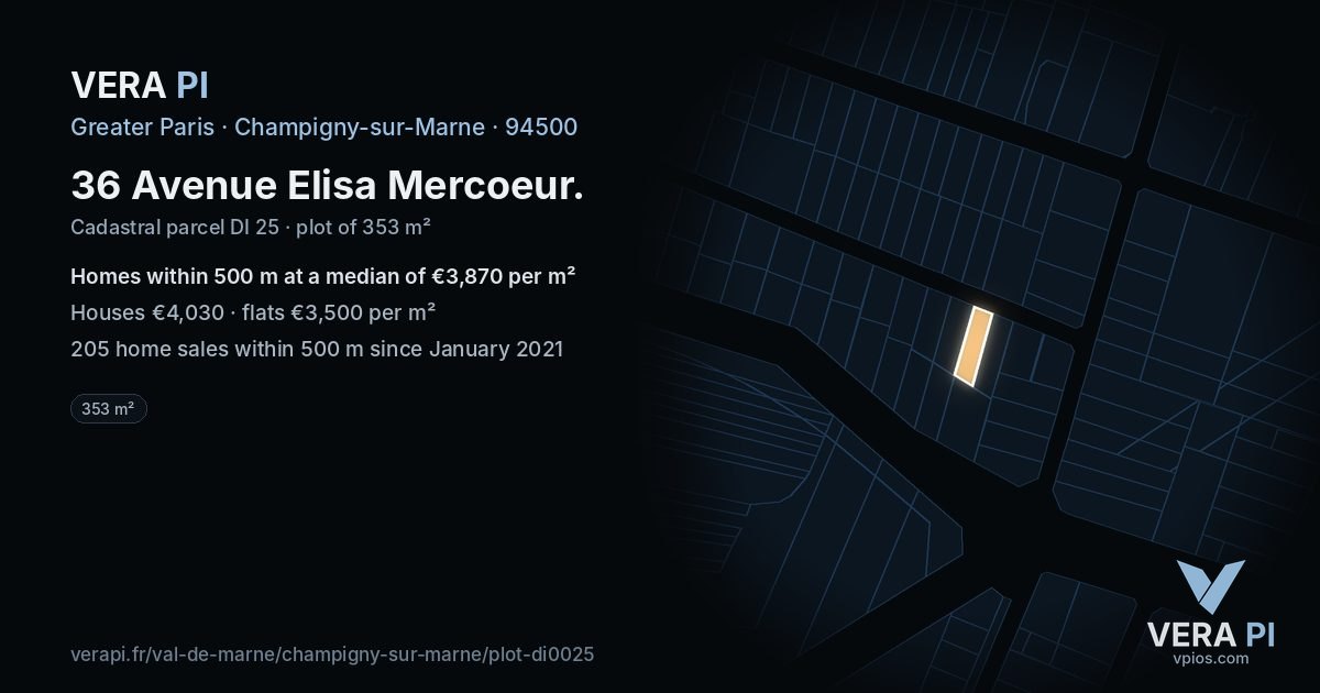 36 Avenue Elisa Mercoeur, Champigny-sur-Marne at night – the plot lit, the parcels around coloured by the prices near them