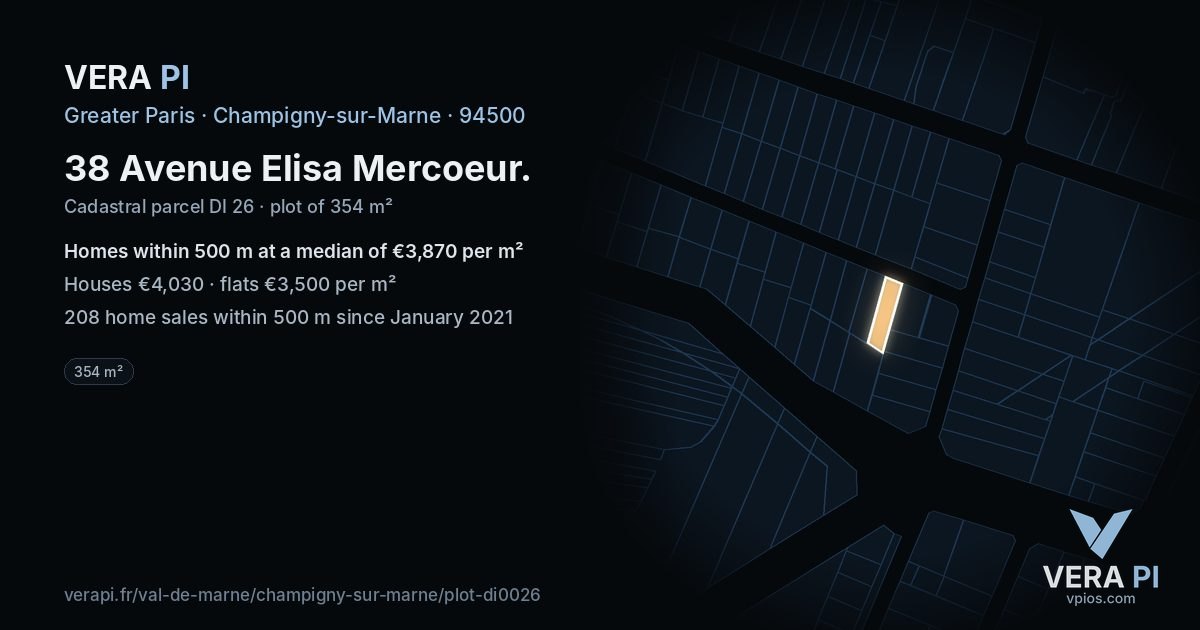38 Avenue Elisa Mercoeur, Champigny-sur-Marne at night – the plot lit, the parcels around coloured by the prices near them