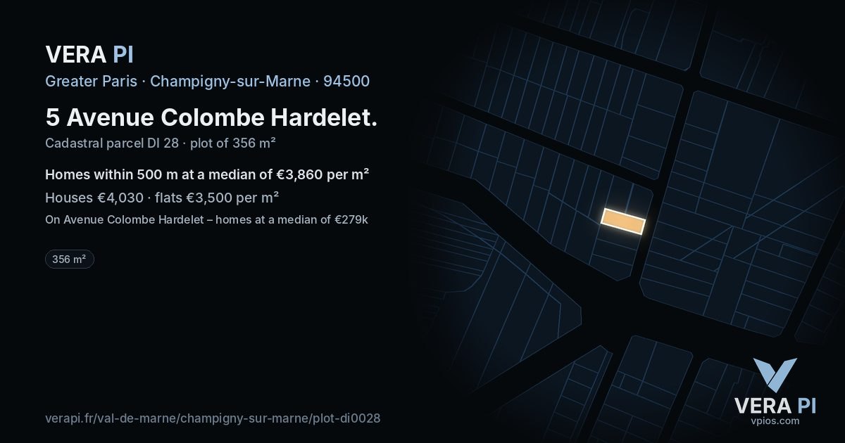 5 Avenue Colombe Hardelet, Champigny-sur-Marne at night – the plot lit, the parcels around coloured by the prices near them
