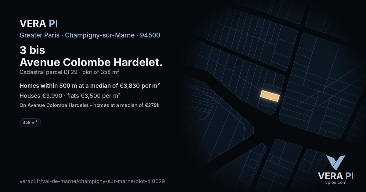 3 bis Avenue Colombe Hardelet, Champigny-sur-Marne at night – the plot lit, the parcels around coloured by the prices near them