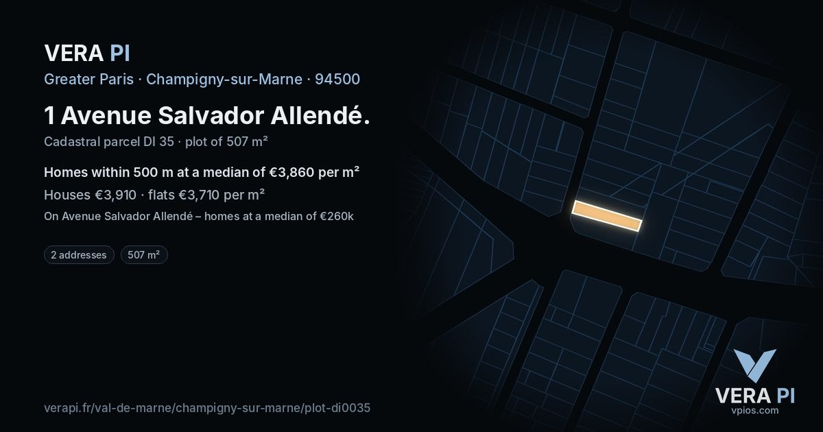 1 Avenue Salvador Allendé, Champigny-sur-Marne at night – the plot lit, the parcels around coloured by the prices near them