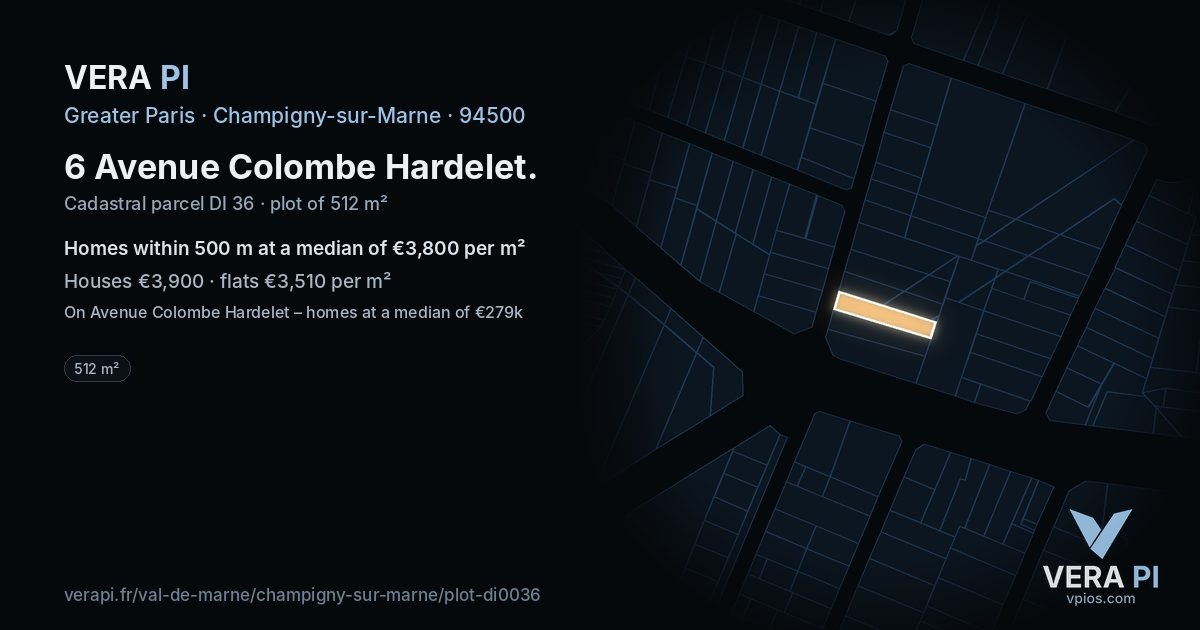 6 Avenue Colombe Hardelet, Champigny-sur-Marne at night – the plot lit, the parcels around coloured by the prices near them