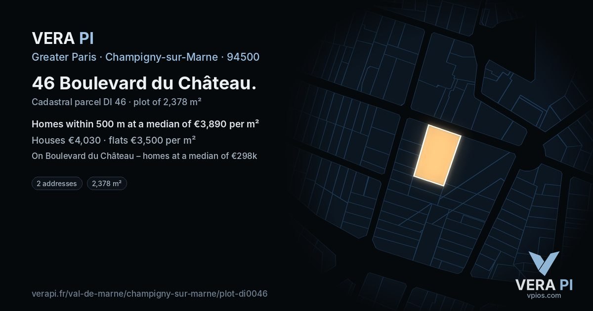 46 Boulevard du Château, Champigny-sur-Marne at night – the plot lit, the parcels around coloured by the prices near them