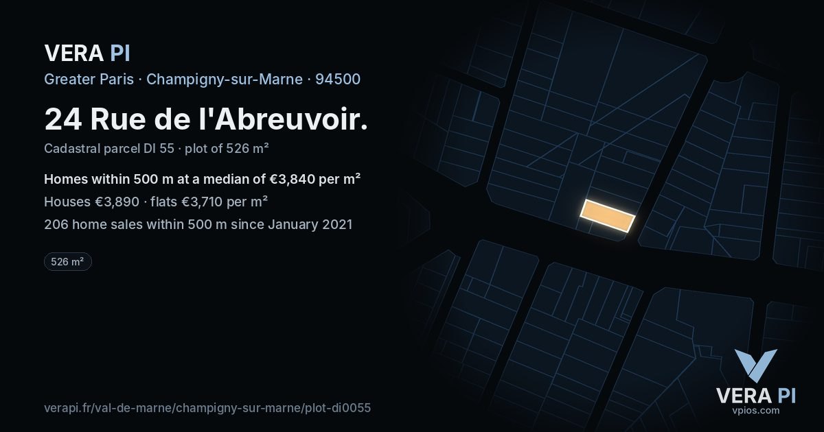 24 Rue de l'Abreuvoir, Champigny-sur-Marne at night – the plot lit, the parcels around coloured by the prices near them