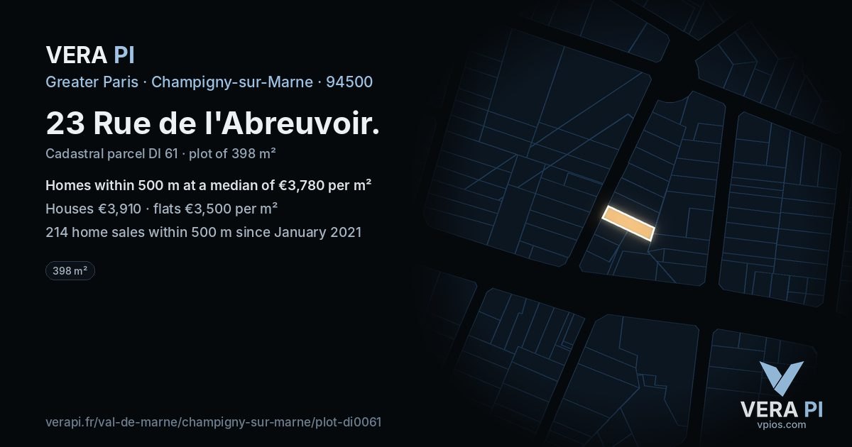 23 Rue de l'Abreuvoir, Champigny-sur-Marne at night – the plot lit, the parcels around coloured by the prices near them