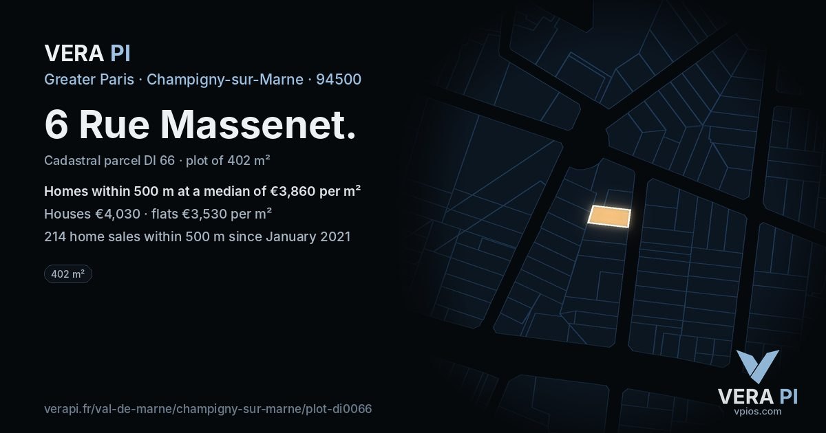 6 Rue Massenet, Champigny-sur-Marne at night – the plot lit, the parcels around coloured by the prices near them