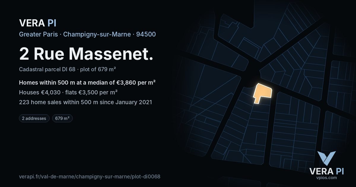 2 Rue Massenet, Champigny-sur-Marne at night – the plot lit, the parcels around coloured by the prices near them