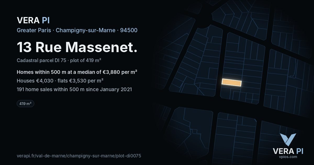 13 Rue Massenet, Champigny-sur-Marne at night – the plot lit, the parcels around coloured by the prices near them