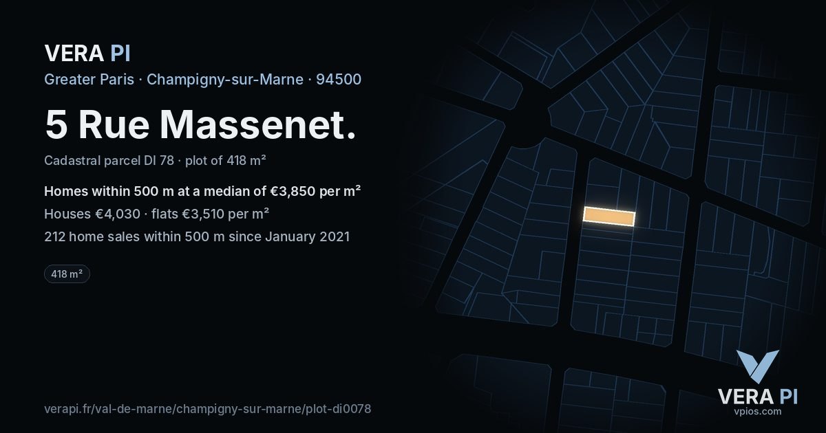 5 Rue Massenet, Champigny-sur-Marne at night – the plot lit, the parcels around coloured by the prices near them