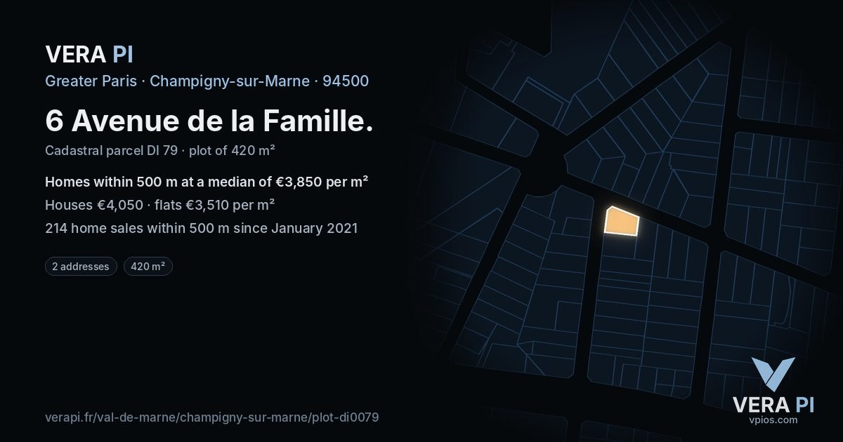 6 Avenue de la Famille, Champigny-sur-Marne at night – the plot lit, the parcels around coloured by the prices near them