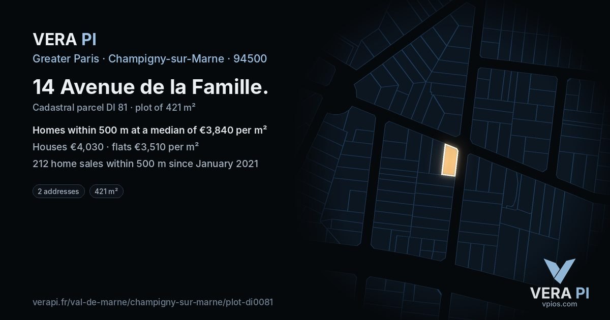 14 Avenue de la Famille, Champigny-sur-Marne at night – the plot lit, the parcels around coloured by the prices near them