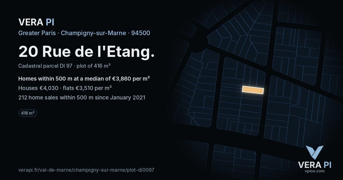 20 Rue de l'Etang, Champigny-sur-Marne at night – the plot lit, the parcels around coloured by the prices near them