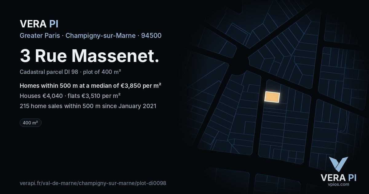 3 Rue Massenet, Champigny-sur-Marne at night – the plot lit, the parcels around coloured by the prices near them