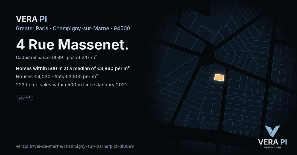 4 Rue Massenet, Champigny-sur-Marne at night – the plot lit, the parcels around coloured by the prices near them