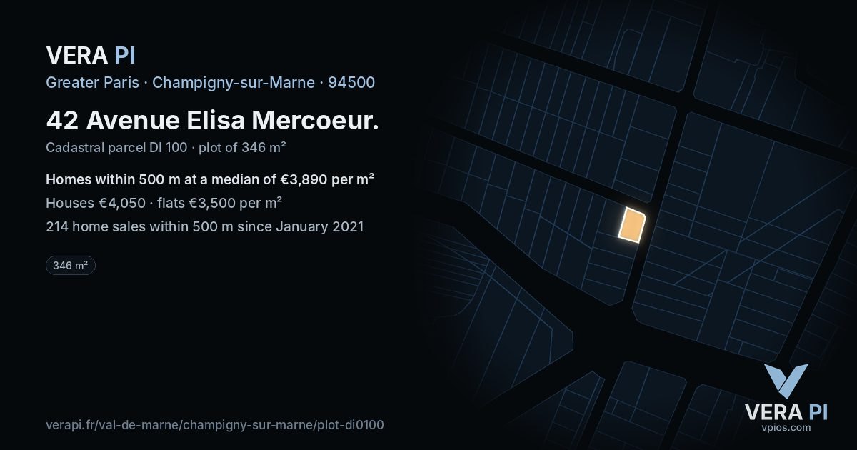 42 Avenue Elisa Mercoeur, Champigny-sur-Marne at night – the plot lit, the parcels around coloured by the prices near them