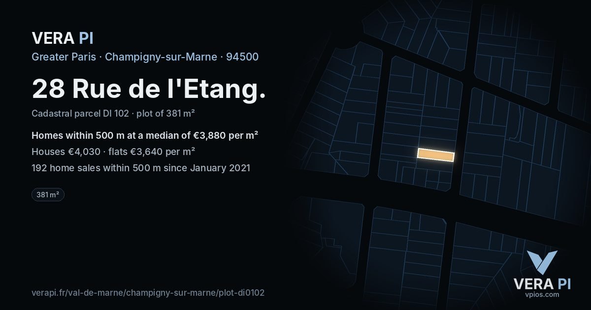 28 Rue de l'Etang, Champigny-sur-Marne at night – the plot lit, the parcels around coloured by the prices near them