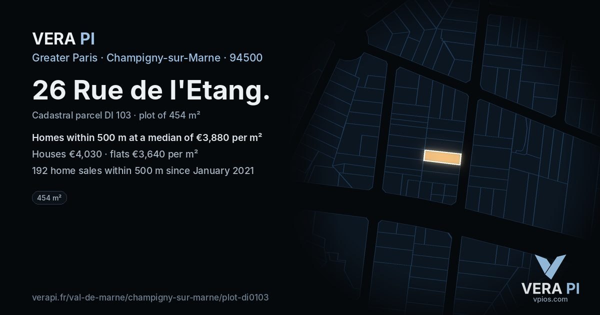 26 Rue de l'Etang, Champigny-sur-Marne at night – the plot lit, the parcels around coloured by the prices near them