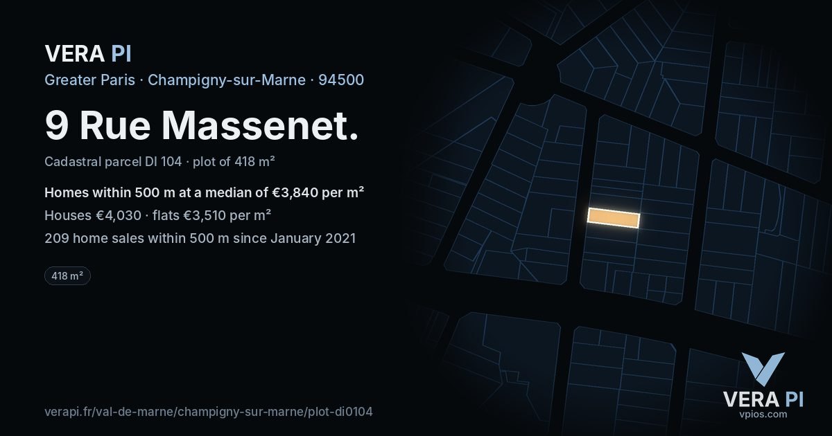 9 Rue Massenet, Champigny-sur-Marne at night – the plot lit, the parcels around coloured by the prices near them