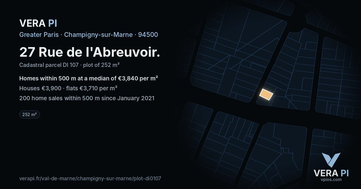 27 Rue de l'Abreuvoir, Champigny-sur-Marne at night – the plot lit, the parcels around coloured by the prices near them