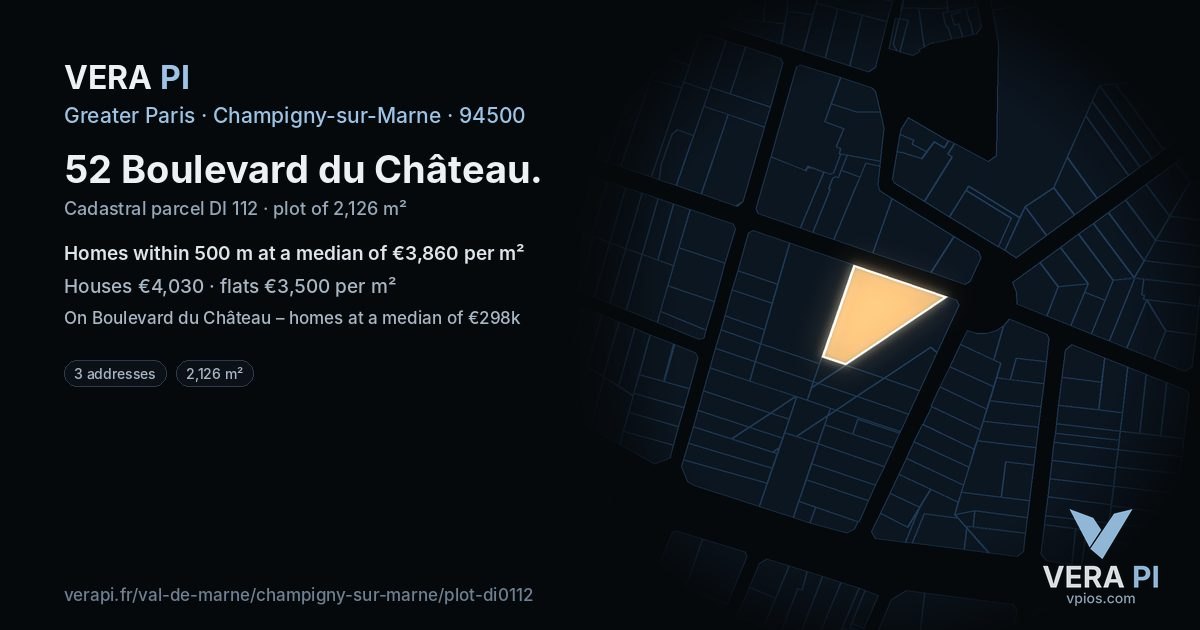 52 Boulevard du Château, Champigny-sur-Marne at night – the plot lit, the parcels around coloured by the prices near them