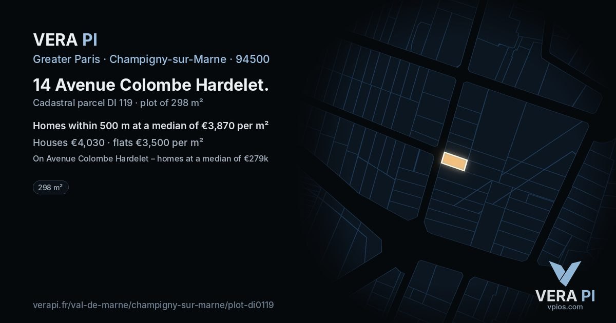14 Avenue Colombe Hardelet, Champigny-sur-Marne at night – the plot lit, the parcels around coloured by the prices near them