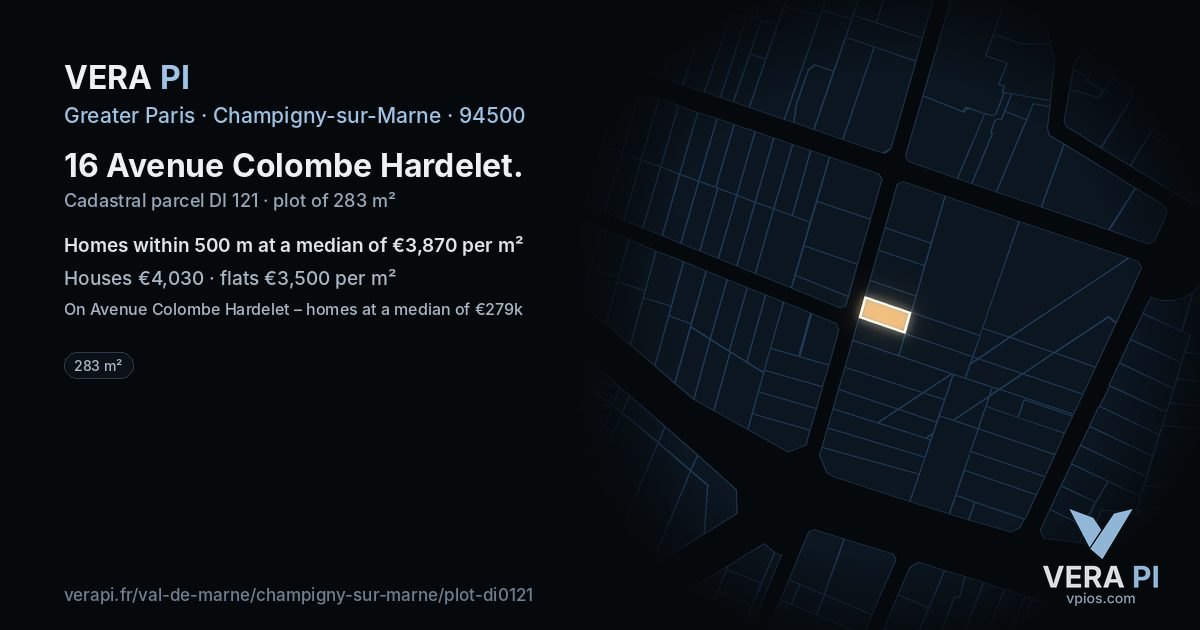 16 Avenue Colombe Hardelet, Champigny-sur-Marne at night – the plot lit, the parcels around coloured by the prices near them