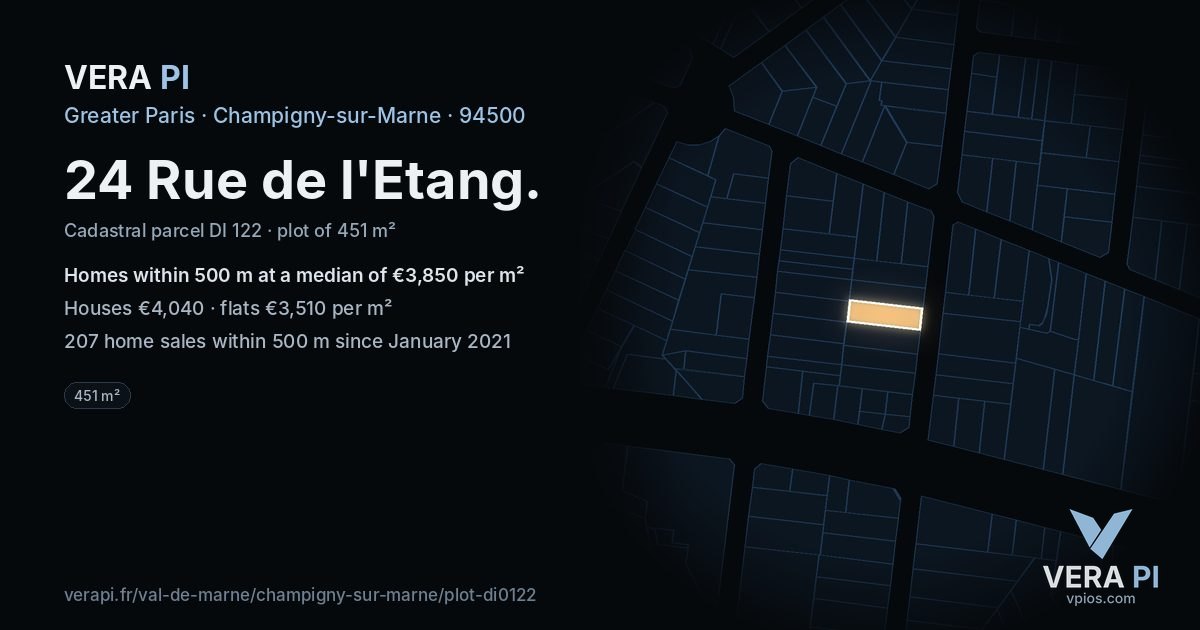 24 Rue de l'Etang, Champigny-sur-Marne at night – the plot lit, the parcels around coloured by the prices near them