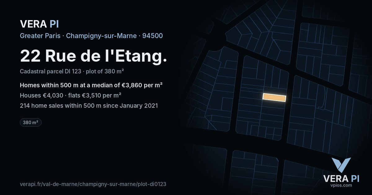 22 Rue de l'Etang, Champigny-sur-Marne at night – the plot lit, the parcels around coloured by the prices near them