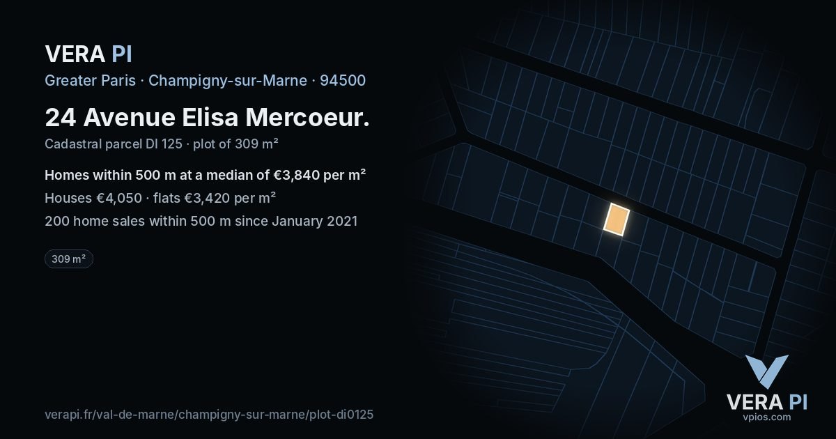 24 Avenue Elisa Mercoeur, Champigny-sur-Marne at night – the plot lit, the parcels around coloured by the prices near them