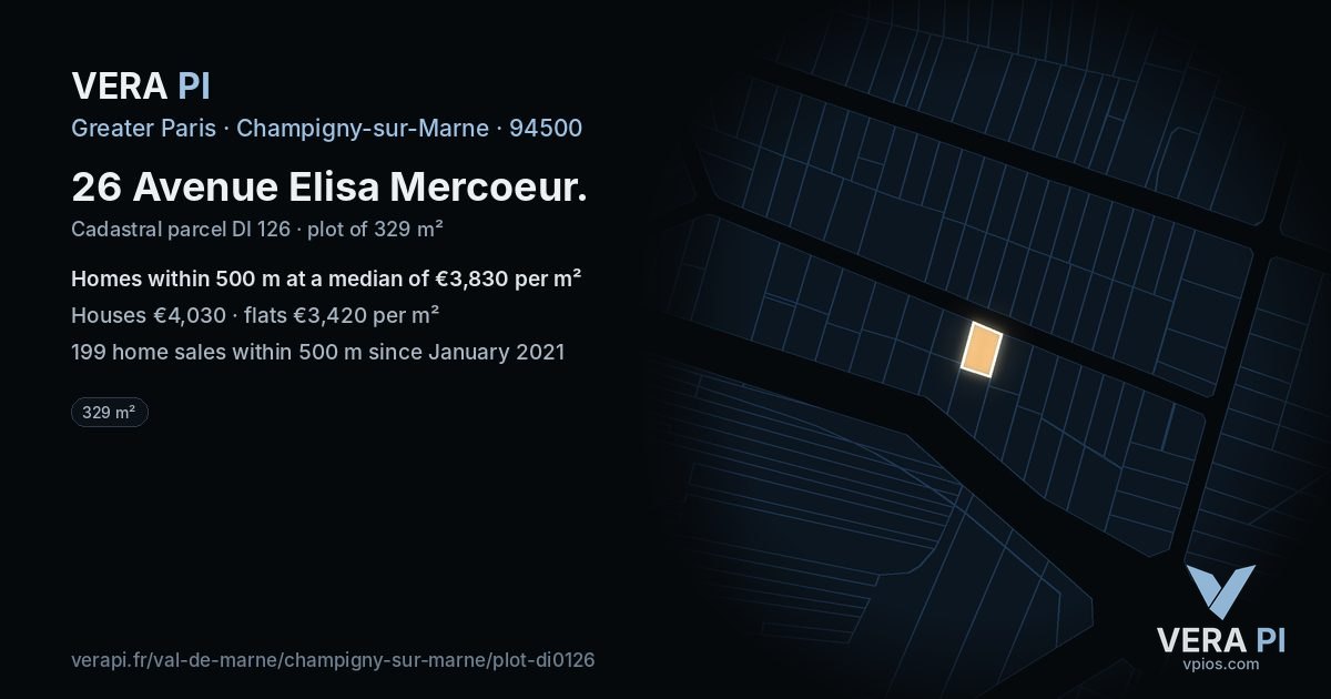 26 Avenue Elisa Mercoeur, Champigny-sur-Marne at night – the plot lit, the parcels around coloured by the prices near them