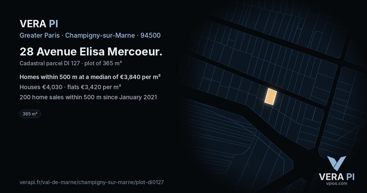28 Avenue Elisa Mercoeur, Champigny-sur-Marne at night – the plot lit, the parcels around coloured by the prices near them