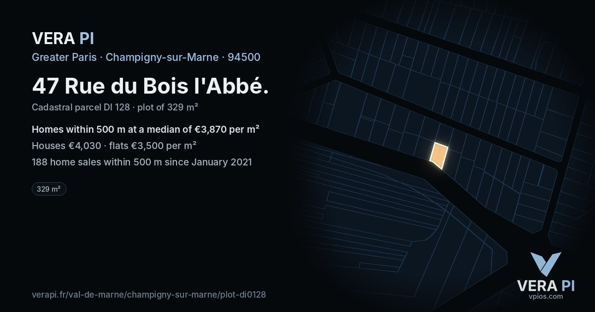 47 Rue du Bois l'Abbé, Champigny-sur-Marne at night – the plot lit, the parcels around coloured by the prices near them