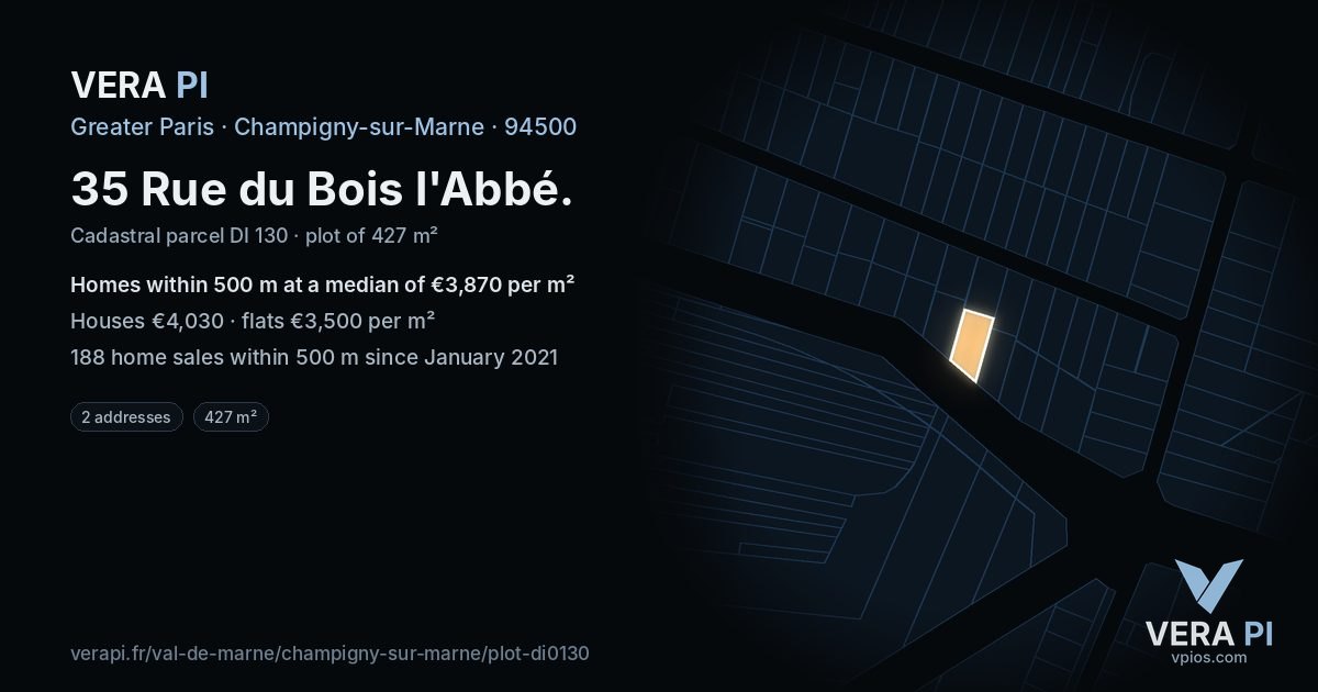 35 Rue du Bois l'Abbé, Champigny-sur-Marne at night – the plot lit, the parcels around coloured by the prices near them