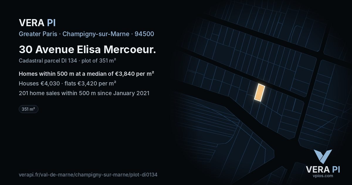 30 Avenue Elisa Mercoeur, Champigny-sur-Marne at night – the plot lit, the parcels around coloured by the prices near them
